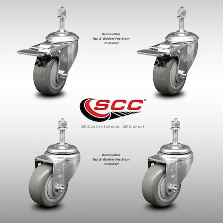 Service Caster 3 Inch SS Gray Polyurethane 3/8 Inch Threaded Stem Caster Total Lock Brake, 2PK SCC-SSTSTTL20S314-PPUB-381615-2-S-2